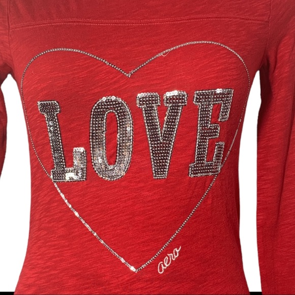Aeropostale Red Long Sleeves Hart Print Top Siz XS - Picture 7 of 10